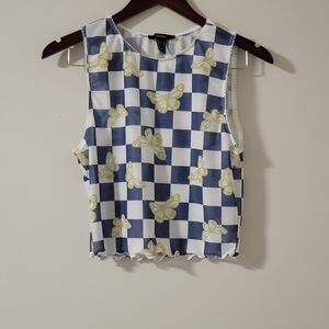 Forever 21 Blue and White Checkered Crop Top with Yellow Butterflies